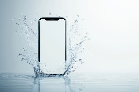 Smartphone splashing into water with high-speed motion on a light background. Technology concepts. Placeholder mockup