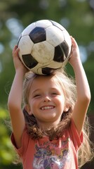 Obraz premium Young girl balancing a soccer ball on her head during outdoor playtime in a grassy field