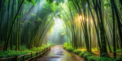 Naklejka premium Serene Pathway Through Lush Bamboo Forest Bathed in Golden Sunlight After a Gentle Rain