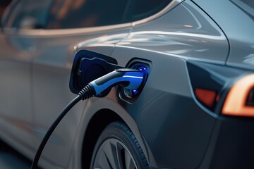 Electric car charging with a glowing blue connector at a modern station in an urban setting at night. Renewable energy and technology concept