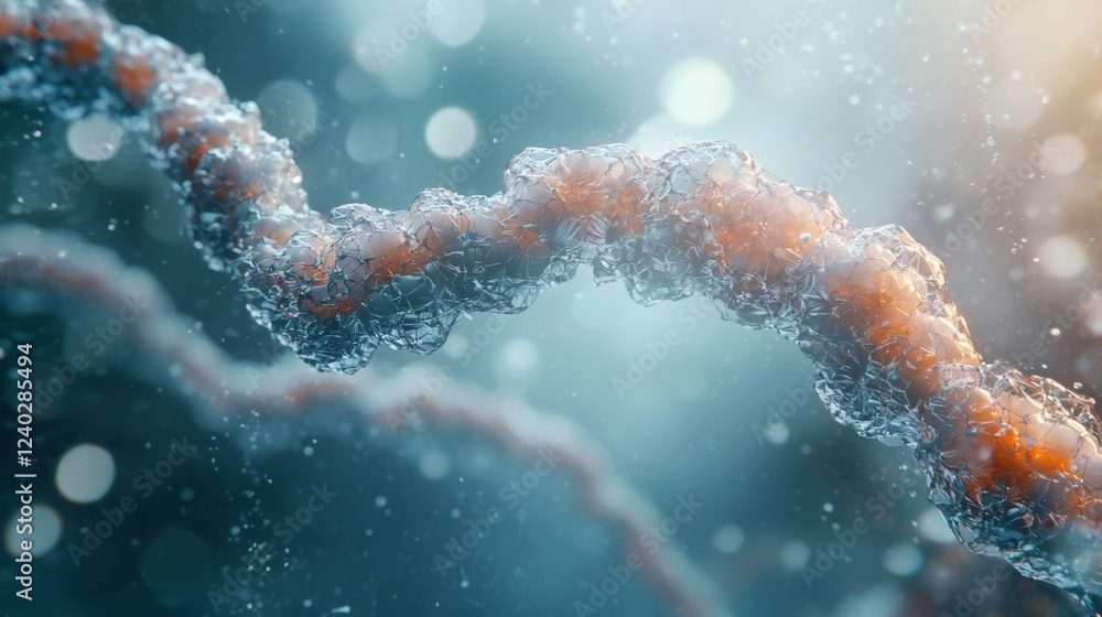 Poster abstract representation of dna helix in a colorful scientific background with bubbles and light refl