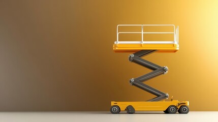 A yellow scissor lift with an elevated platform against a gradient background, designed for construction and maintenance work.