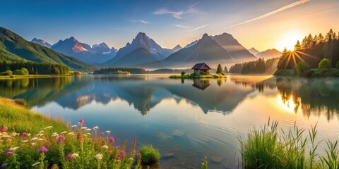 Serene Sunrise Over Still Lake and Majestic Mountains with Secluded Lakeside Cabin