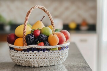 A crochet basket filled with fresh fruits, styled on a kitchen counter with a rustic farmhouse theme.