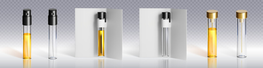 Glass perfume sample collection - transparent vials with black and gold spray caps, packaging mockups with white cards, testers filled with yellow fragrance, empty bottles for cosmetic presentation.