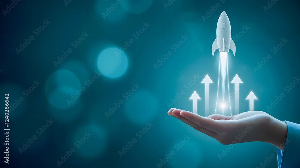 Poster hand holding rocket launching with dynamic arrows representing growth and progress in technology or 