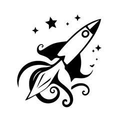 Stylized Rocket Launching into Space: A Black and White Vector Graphic
