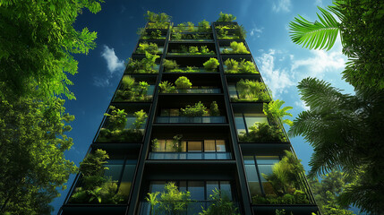 A sleek urban skyscraper rises majestically, its futuristic design blending cutting-edge architecture with sustainable innovation. The facade is adorned with lush vertical gardens, vibrant greenery ca