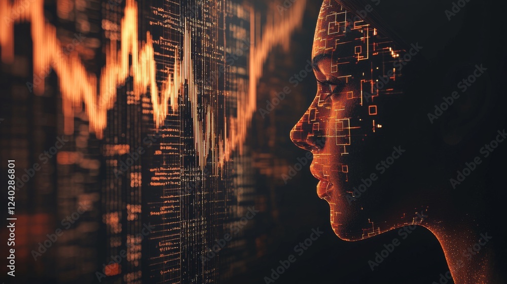 Poster conceptual image of a woman with digital data overlay representing technology and finance trends in 
