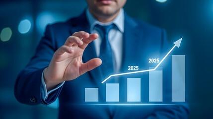 Businessman Analyzing Growth Chart with Virtual Interface in Professional Setting for Strategic Planning and Financial Analysis in 2025