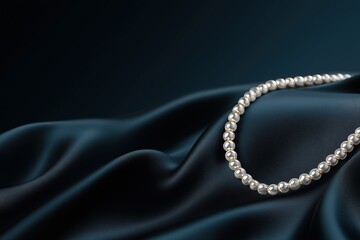 Fototapeta premium Pearl necklace draped on luxurious dark fabric with soft folds. timeless jewelry and elegant styling