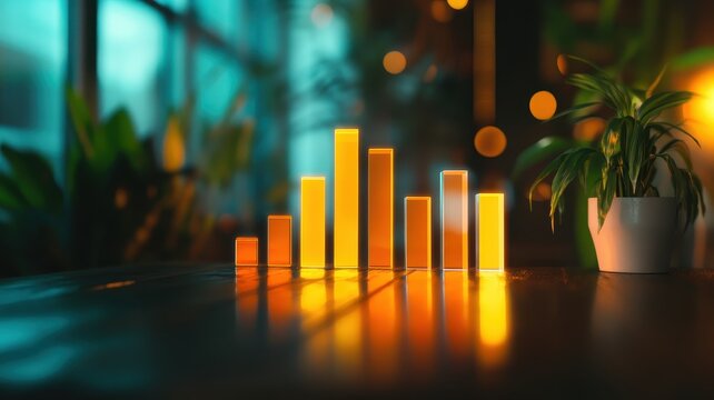 Illuminated bar chart depicting the significant reduction in carbon footprint over time.