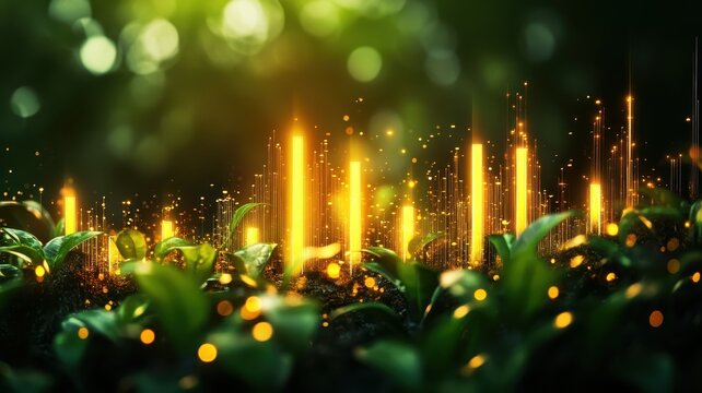 Illuminated bar chart depicting the significant reduction in carbon footprint over time.