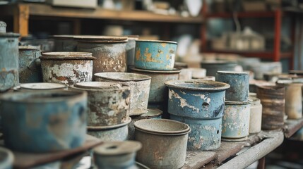 Fototapeta premium Rows of weathered pots with chipped paint evoke a rustic ambiance in this scene of an artisanal workshop.