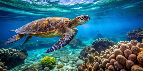 Fototapeta premium Majestic Sea Turtle Swimming Above Vibrant Coral Reef Scene