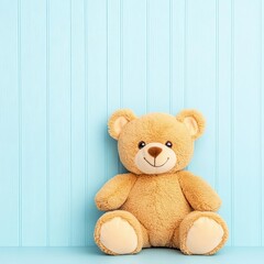 Yellow plush teddy bear, smiling teddy bear on blue backdrop, perfect plush teddy bear for kids. Toy and plushie photography