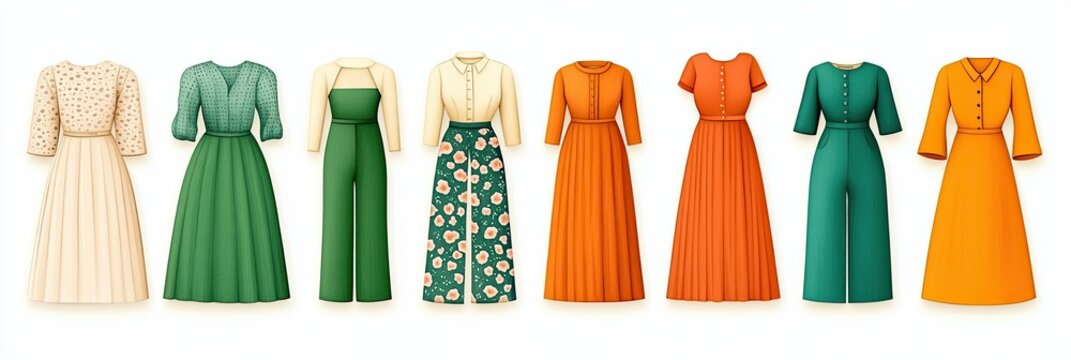 Vintage-inspired dresses in vibrant green and orange tones, retro fashion dresses with green and orange color palette, stylish vintage dresses collection. Retro fashion and vintage dress collections