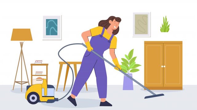 Vector scene animation illustrating housekeeping services, with characters performing cleaning tasks, organizing spaces, and maintaining homes or offices.