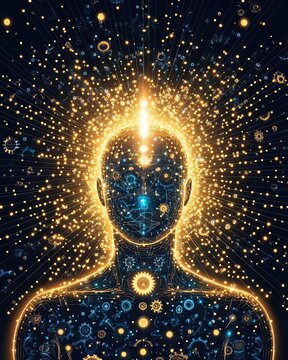 Radiant energy silhouette reflecting spiritual growth , under cosmic radiance with enlightened spiritual growth , embracing golden wisdom and spiritual growth energy. Radiant cosmic light