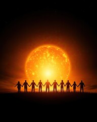 Fototapeta premium Group unity silhouetted under a radiant light , symbolizing community empowerment through group unity , fostering leadership and teamwork under group unity. Community illustration.. 