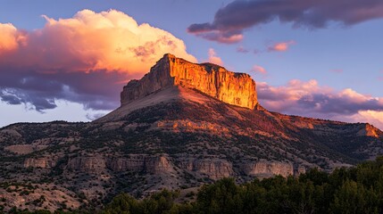 Naklejka premium Majestic mountain landscape at sunset, vibrant clouds illuminated by golden light, perfect for nature themes or travel content.