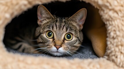 An animal, such as a cat, hiding in a cozy nook, looking curiously at the camera.