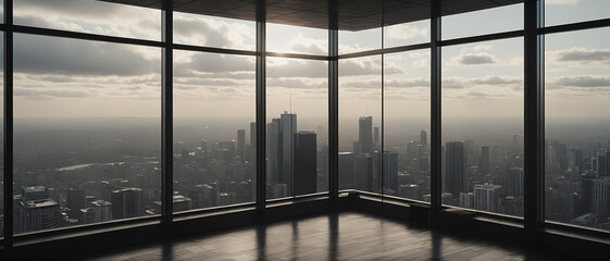 floor to ceiling glass windows overlooking a city at night, view from top of skyscraper