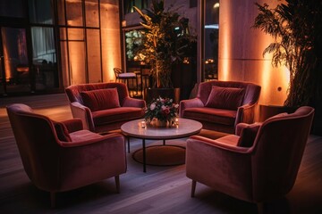 A cozy lounge area at a wedding reception with velvet armchairs, a coffee table, and dim lighting.