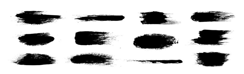 Black paint brush strokes collection with grunge rough edges and ink splatter texture. Artistic dark rough smeared elements for graffiti, banner headers or distressed effects in graphic design.