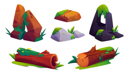Mossy rocks and fallen logs collection with cartoon game environment design elements. Natural assets - hollow tree trunks, stone arches, boulders covered with grass and flowers. Forest landscape props © klyaksun