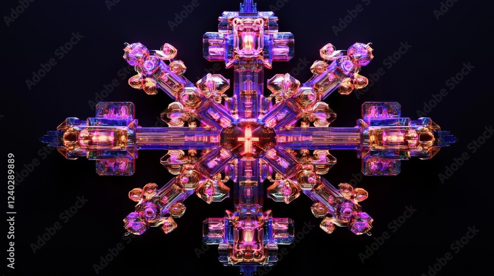 Poster exquisite close-up of a colorful crystal snowflake structure with intricate geometric patterns again