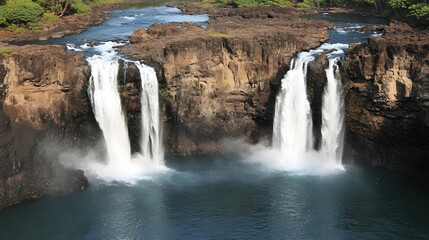 Fototapeta premium Majestic Double Waterfall Cascading Over Rocky Cliffs