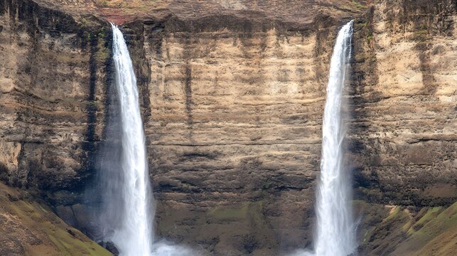 Majestic Twin Waterfalls Cascading Down Rocky Cliff Face