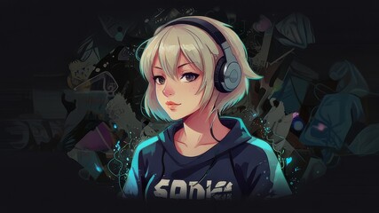 Beautiful anime girl listening to lo-fi hip hop music with headphones. Manga, cartoon drawing., abstract isolated background PNG, cartoon style, animal designations