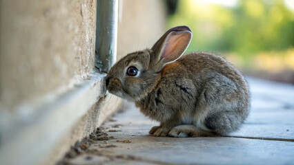 timid rabbit exploring its surroundings near wall