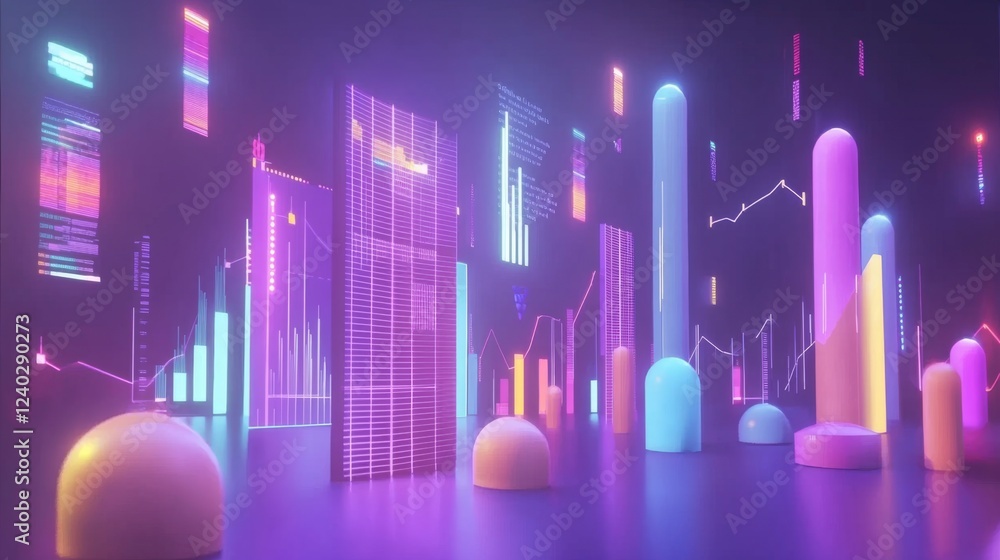 Poster vibrant neon data visualization with colorful charts and graphs in a modern digital space