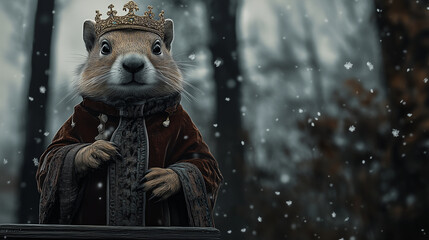 In a serene forest, whimsical groundhog stands regally on a wooden podium, adorned with a delicate golden crown and a flowing velvet robe trimmed with intricate embroidery. The scene is bathed in soft