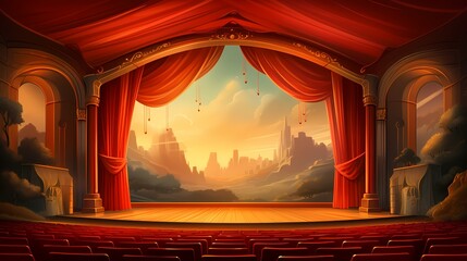Cartoon Fantasy theater concert stage with red curtain and spotlight background illustration