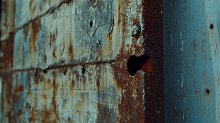 A close-up of a weathered, rusty metal surface with holes, offering a gritty, industrial aesthetic and a glimpse into its enduring past.