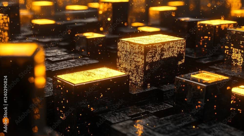 Poster abstract glowing cubes with illuminated surfaces in a dark technological landscape filled with shimm