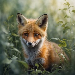 Fototapeta premium A delicate watercolor of a fox cub peeking out from behind soft leaves.