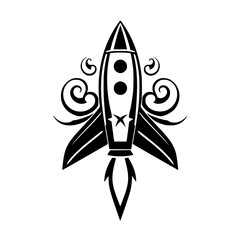 Stylized Rocket Launch: A Bold Graphic Design Icon. Perfect for space exploration, technology, and innovation projects.  Vector art, black and white.
