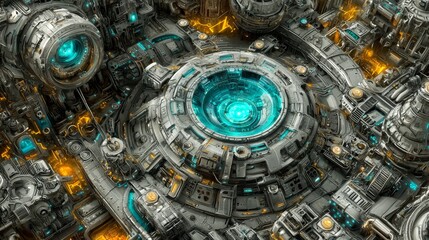 Obraz premium Futuristic Sci-Fi Machinery with Turquoise Lights and Intricate Metallic Details in a High-Tech Environment