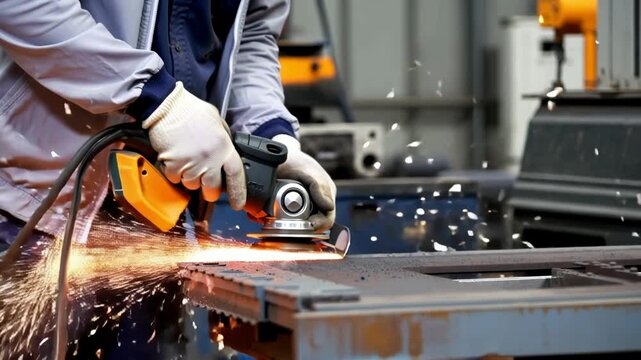 A worker uses an angle grinder on metal in an industrial workshop, sending bright sparks flying in all directions. A dynamic and intense scene showcasing hard work, craftsmanship