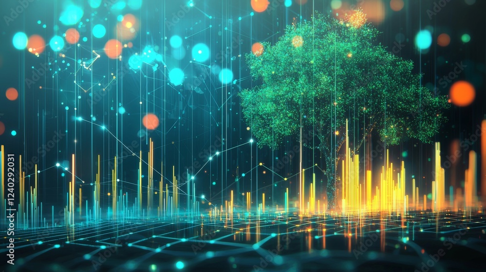 Poster futuristic digital landscape with tree and data visualization elements in blue and orange color pale