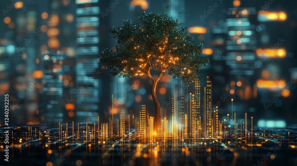 Poster illuminated tree against a futuristic cityscape with digital data representation in a night scene