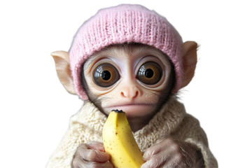 Adorable monkey wearing hat and sweater eats banana against black background, perfect for children's book