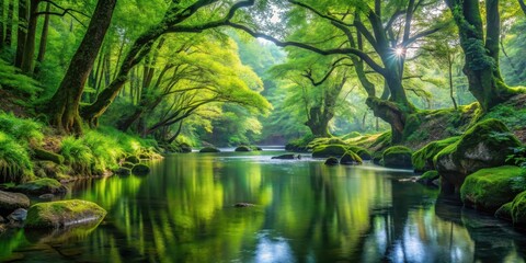 Fototapeta premium Serene River Reflecting Lush Green Canopy of Ancient Trees in a Misty Forest