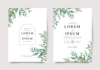Beautiful green leaves wedding invitation template