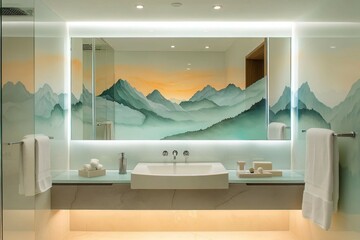 A contemporary bathroom design with a large mirror and soft under-sink lighting, complemented by acrylic wall art depicting serene mountain landscapes in pastel colors.